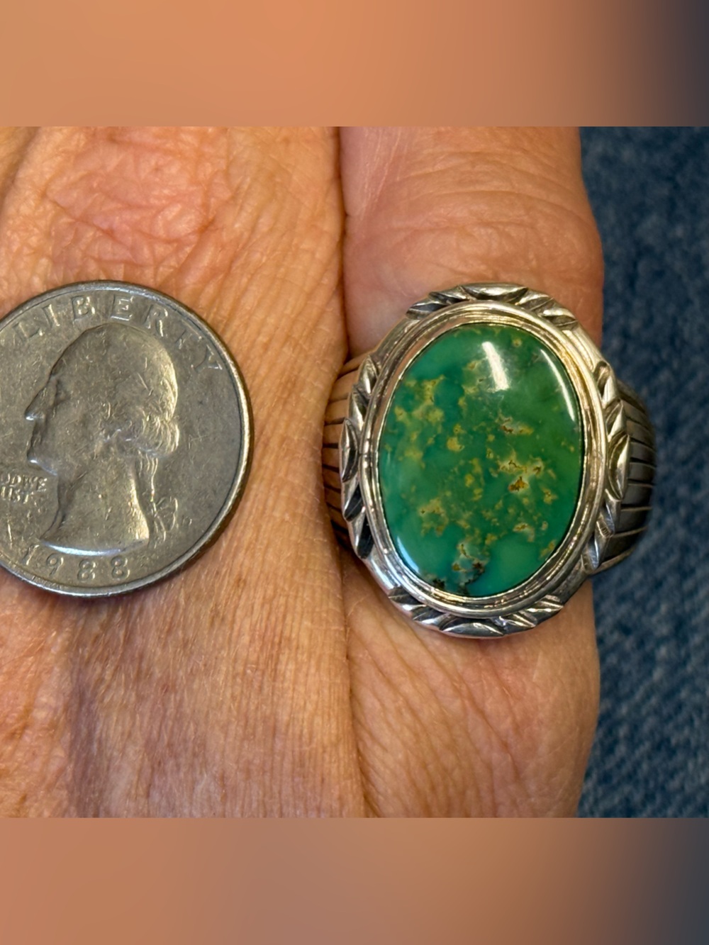 Sterling Silver Ring with Green Turquoise Cabochon